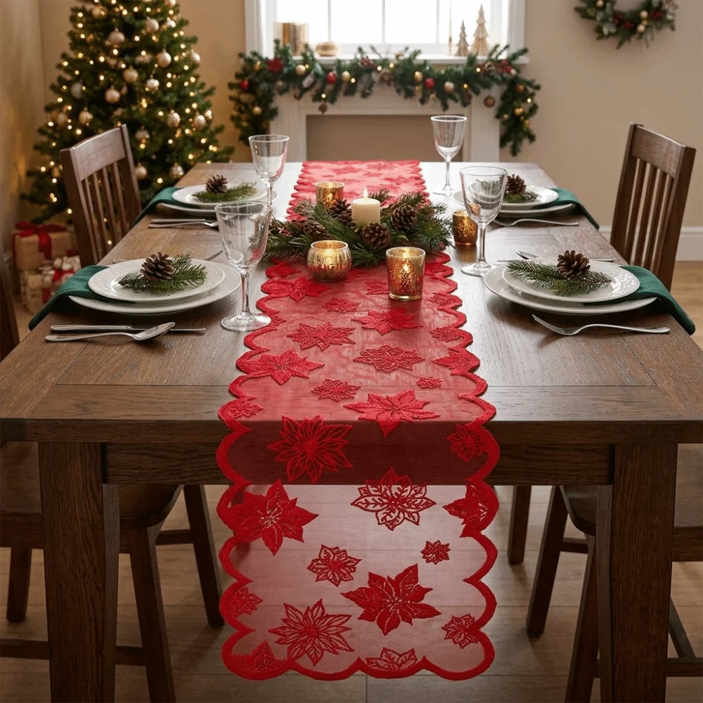 New Year Maple Leaf Christmas Tree Table Runner Lace Long Christmas Table Flag Flower Desk Decor Xmas Tablecloth Living Room
