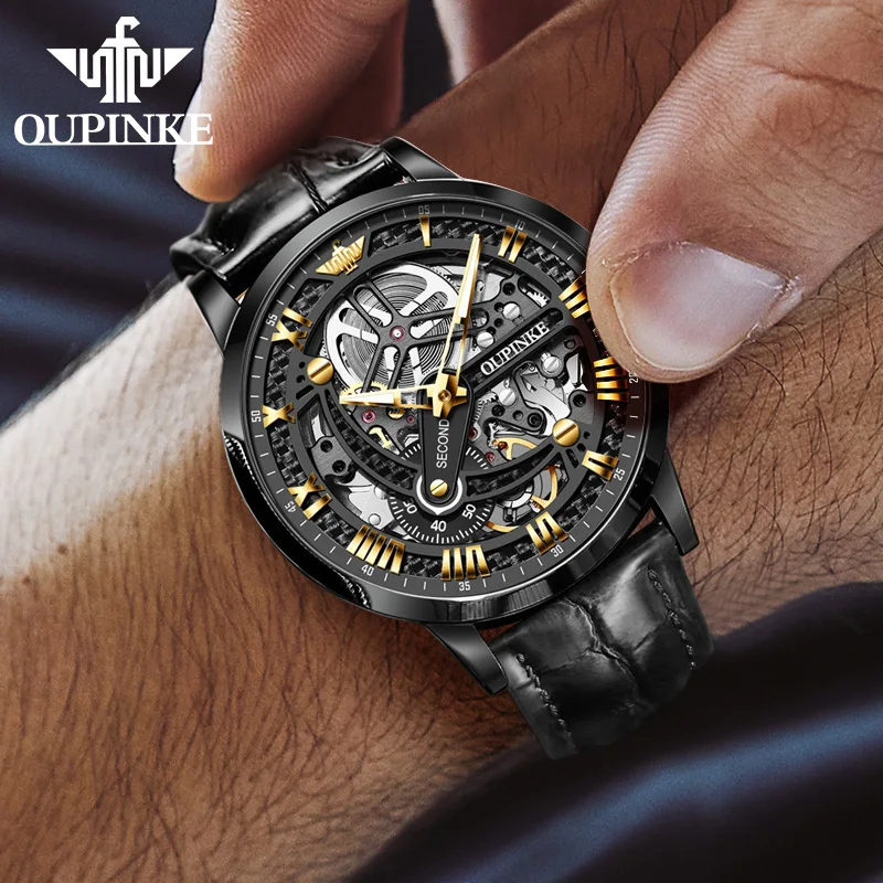 Imagem -06 - Oupinke-relógio Mecânico Masculino Hollow Out 3d Relógio de Pulso Automático Pulseira de Couro Genuíno Espelho Safira Impermeável Luxo