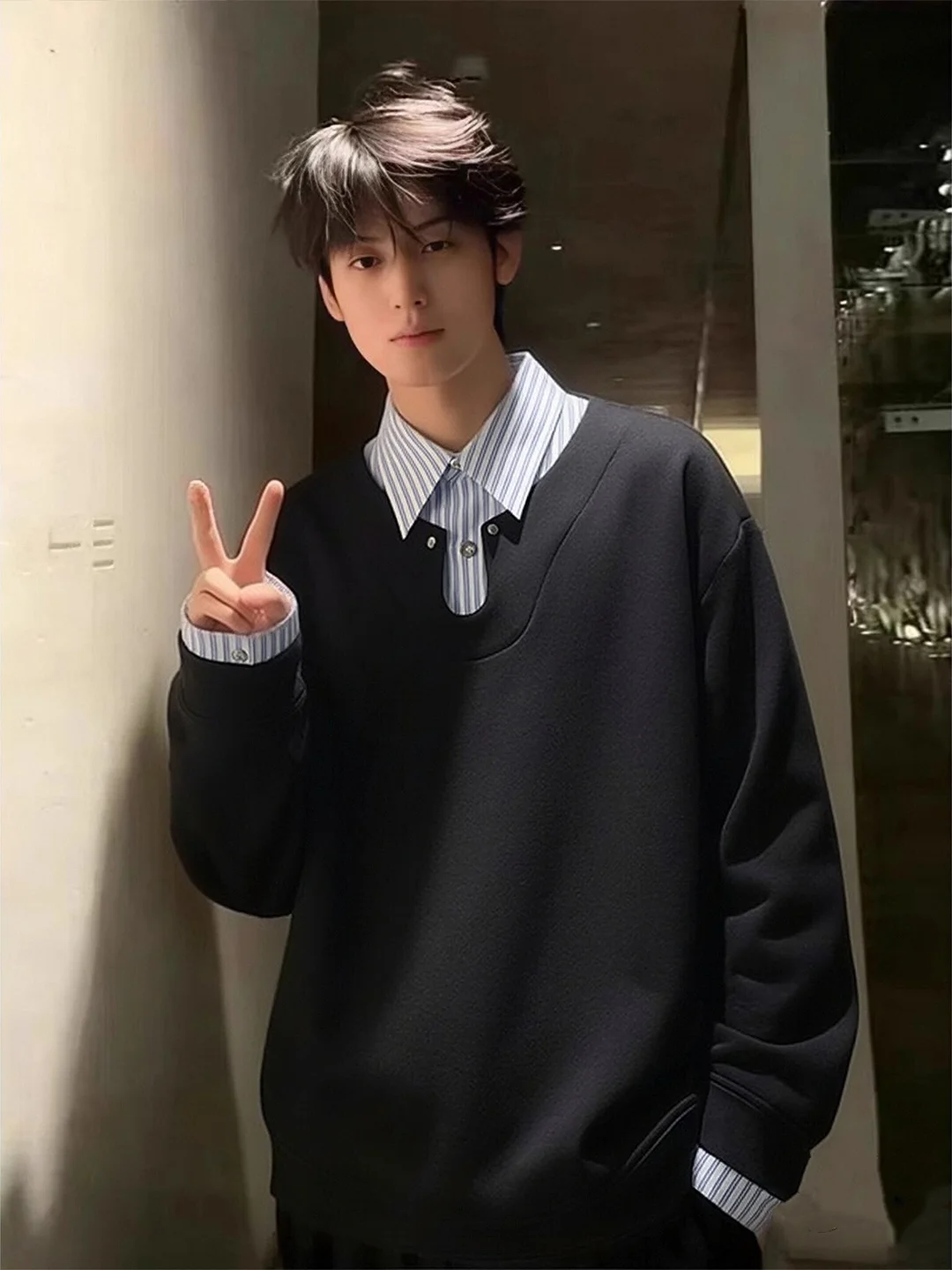 

Bla irt Collar Sweatirt Men's Spring American Splice Long Sve Cleanfit Inner Wear Top Loose Fit Casual Sle