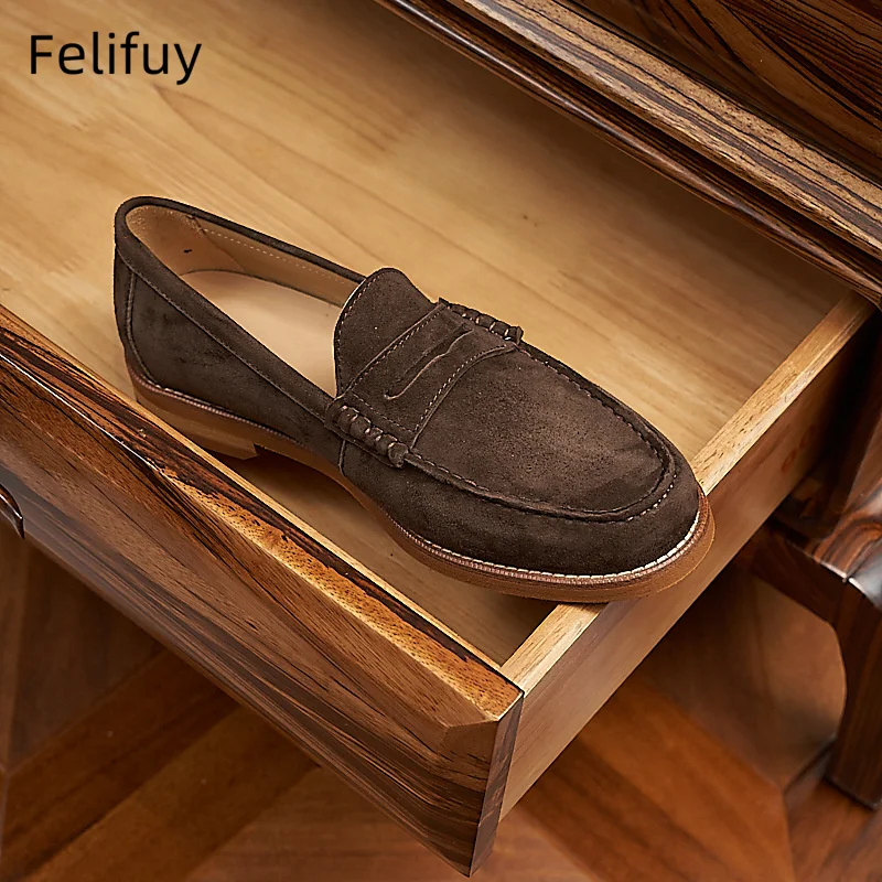 Black new casual shoes for men brown cow suede round toe loafers work commuting business genuine leather shoes British style