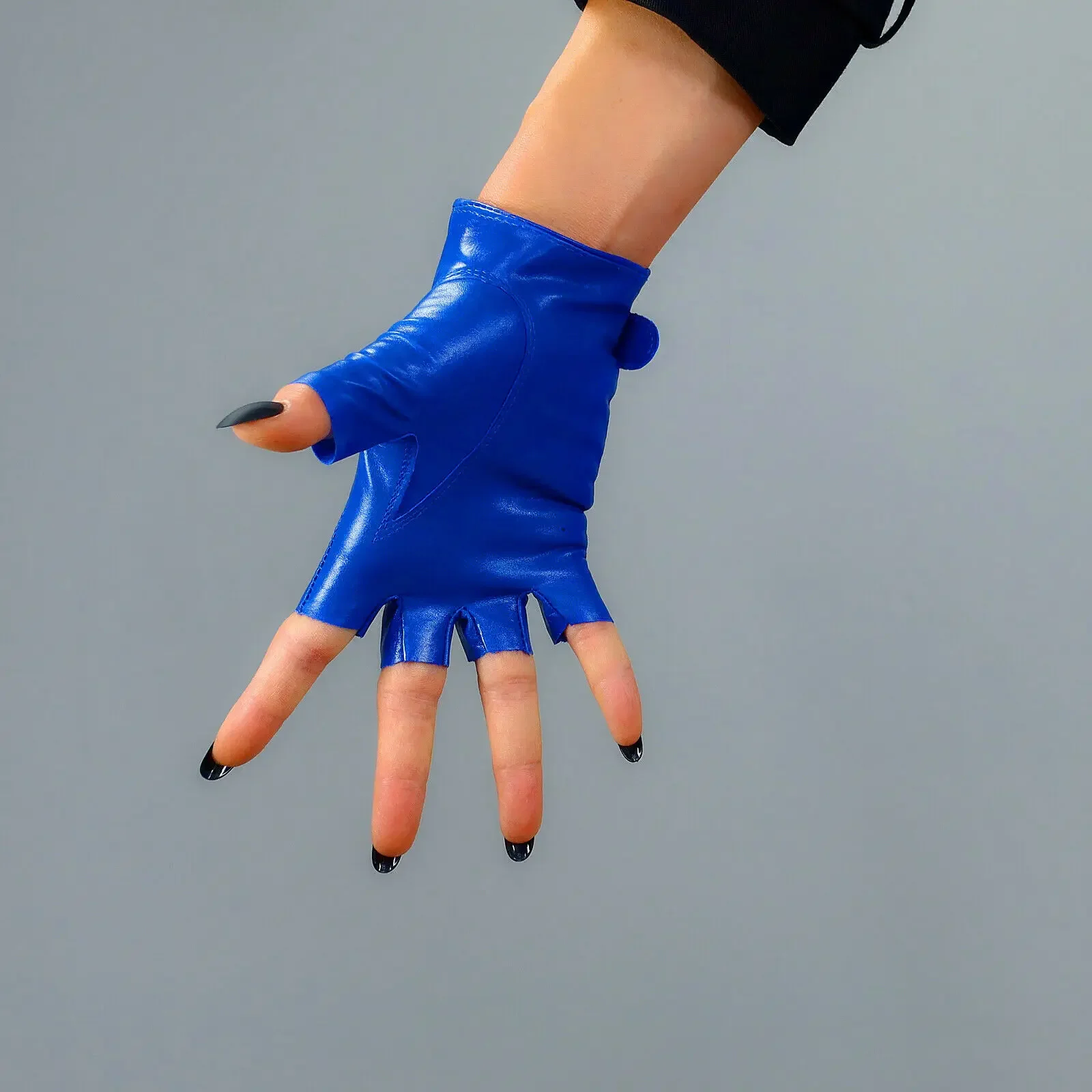 REAL LEATHER Fingerless Gloves Blue Half Finger Genuine Lambskin Sheepskin Buckle Closure Fashion Club Wrist Short Driving Glove