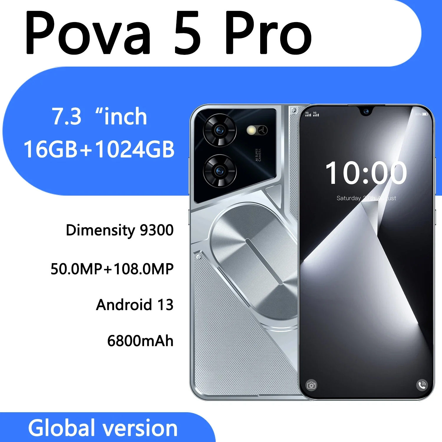 

Pova 5 Pro Smartphone Global version 16GB+1TB 7.3'' HD Screen Android 13 6800mAh 5G Gaming Phone Dual SIM cheapPhone 50MP+108MP