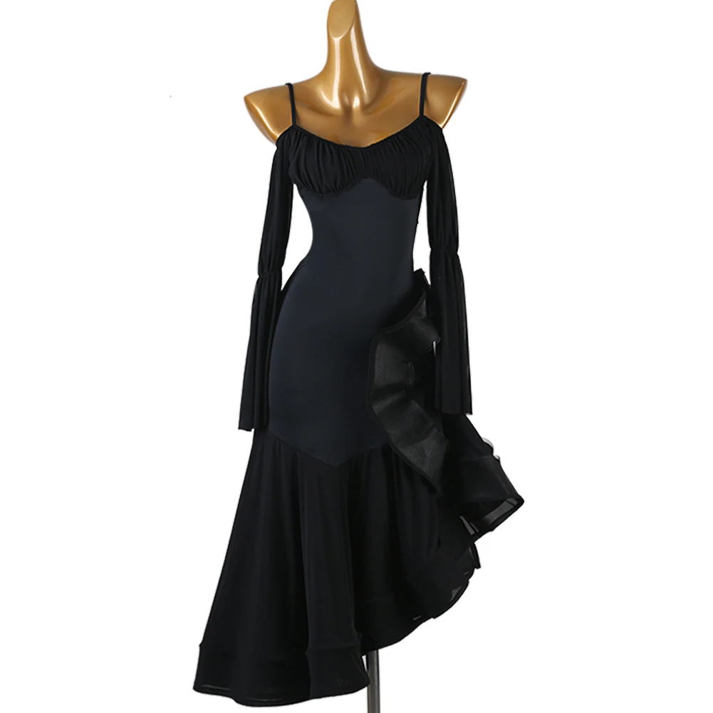 Walzer Ballsaal Wettbewerb Langarm Gesellschaftstanz Neue Wettbewerb Sling Flamenco Kleid Gesellschaftstanz Schwarz