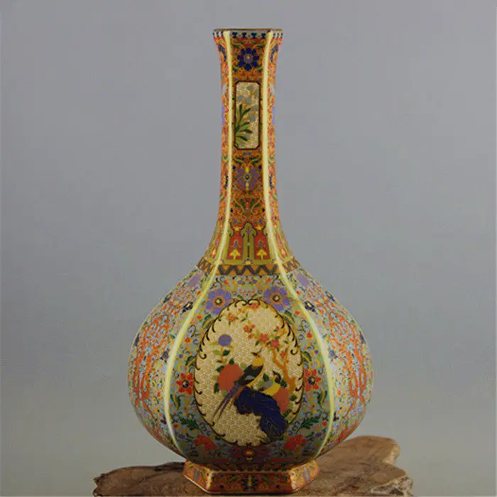 Qing Dynasty Yongzheng Cloisonne Bird and Flower Pattern Hexagonal Gall Bottle Jingdezhen Aged Imitation Ancient Porcelain Antiq
