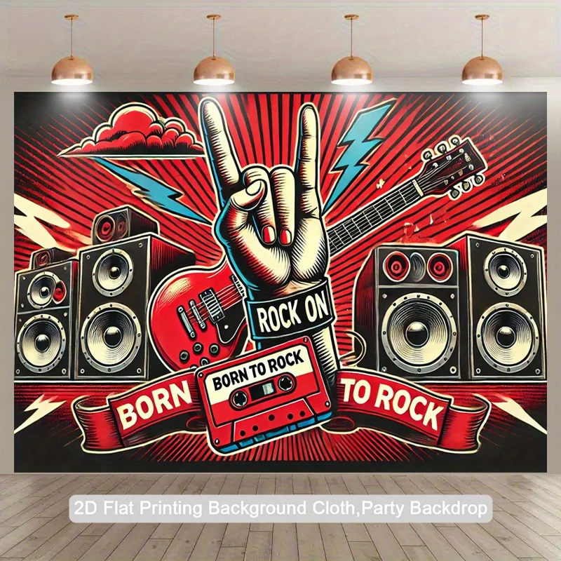 Banner de fondo plano 2D, 1 unidad, banda de rock vintage, decoración de fiesta Born to Rock con guitarra eléctrica, amplificadores y rock en la mano