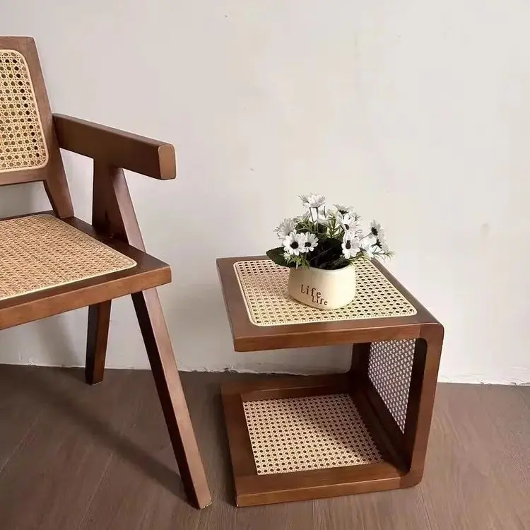 

Creative Solid Wood Square Side Table: Ideal for Small Living Rooms, Doubles as Rattan Shoe Changing Stool & Coffee Table