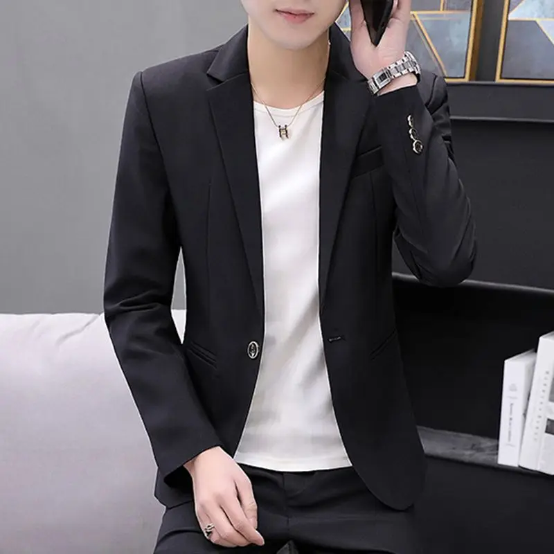 Pure Bla Slim Fit Men's Casual Single-Breasted Jaet Faionable Spring Autumn Set Stand Edition Long Sve Suit