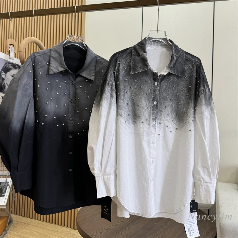 

2025 Spring New Loose Lazy Wind Gradual Change Hot Diamond Design Sense Long Sleeve Shirt Top for Women and Men