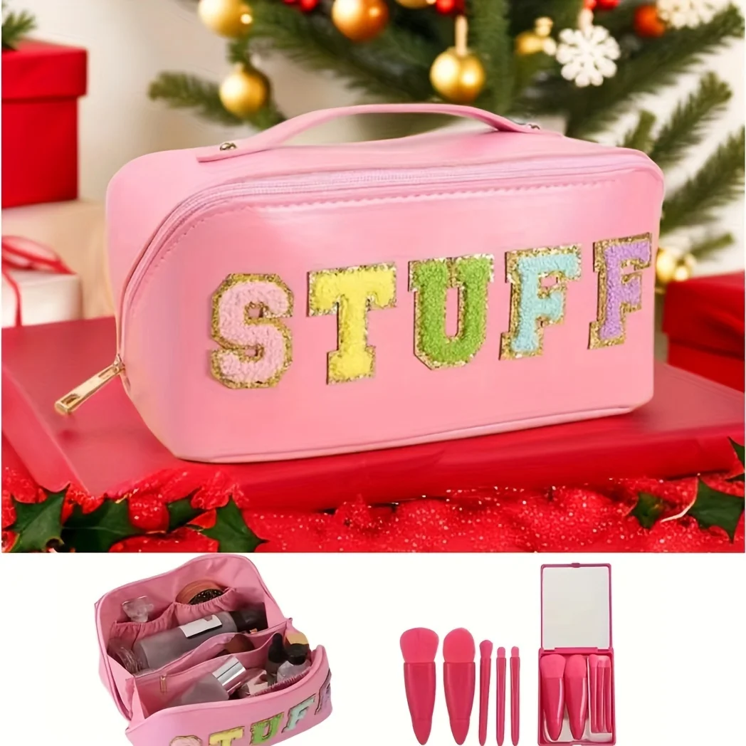 

Chenille Letter Patches Cosmetic Bag, Waterproof Makeup Bag, Portable Zipper Toiletry Bag, Travel Accessories With Colorful Mak