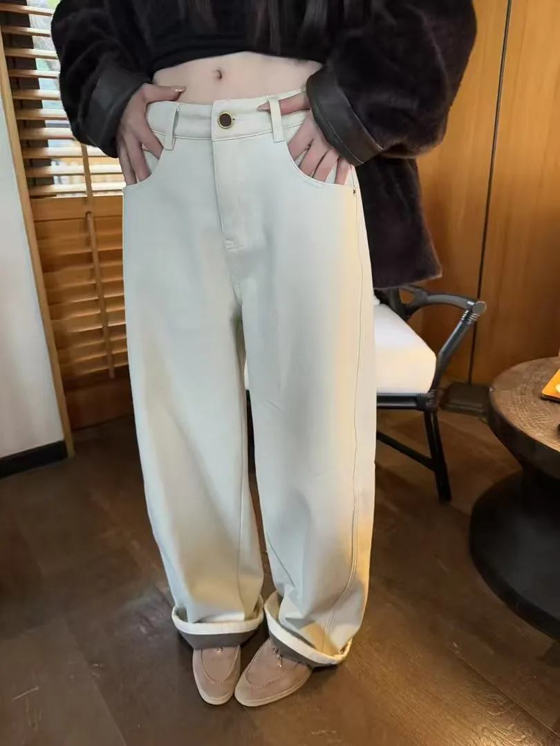 

Однотонные женские зимние джинсы с широкими штанинами на флисовой подкладке, новые, в корейском стиле, свободные, стройнящие, в пол, с эффектом утяжки