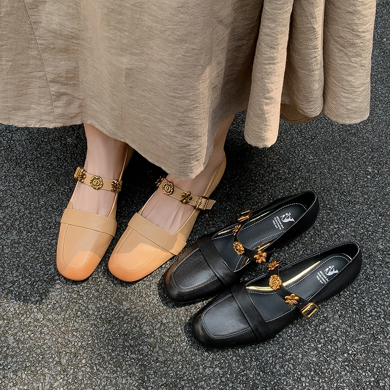 

Mary Janes Women Genuine Leather Metal Flower Decor Square Toe Ankle Strap Chunky Heel Fashion Comfortable Shoes