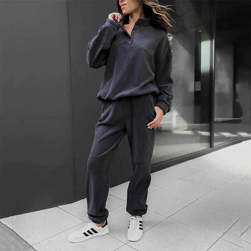 High Neck Fleece Sweatshirts Outwears Clothes Women Pullovers Ladies Outfits Winter Clothing Long Sleeve Top 2 Piece Pants Set