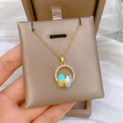 Sweet Colorful Crystal Butterfly Zircon Circle Pendant Necklace for Women Girls Gold Color Stainless Steel Chain Jewelry Gifts