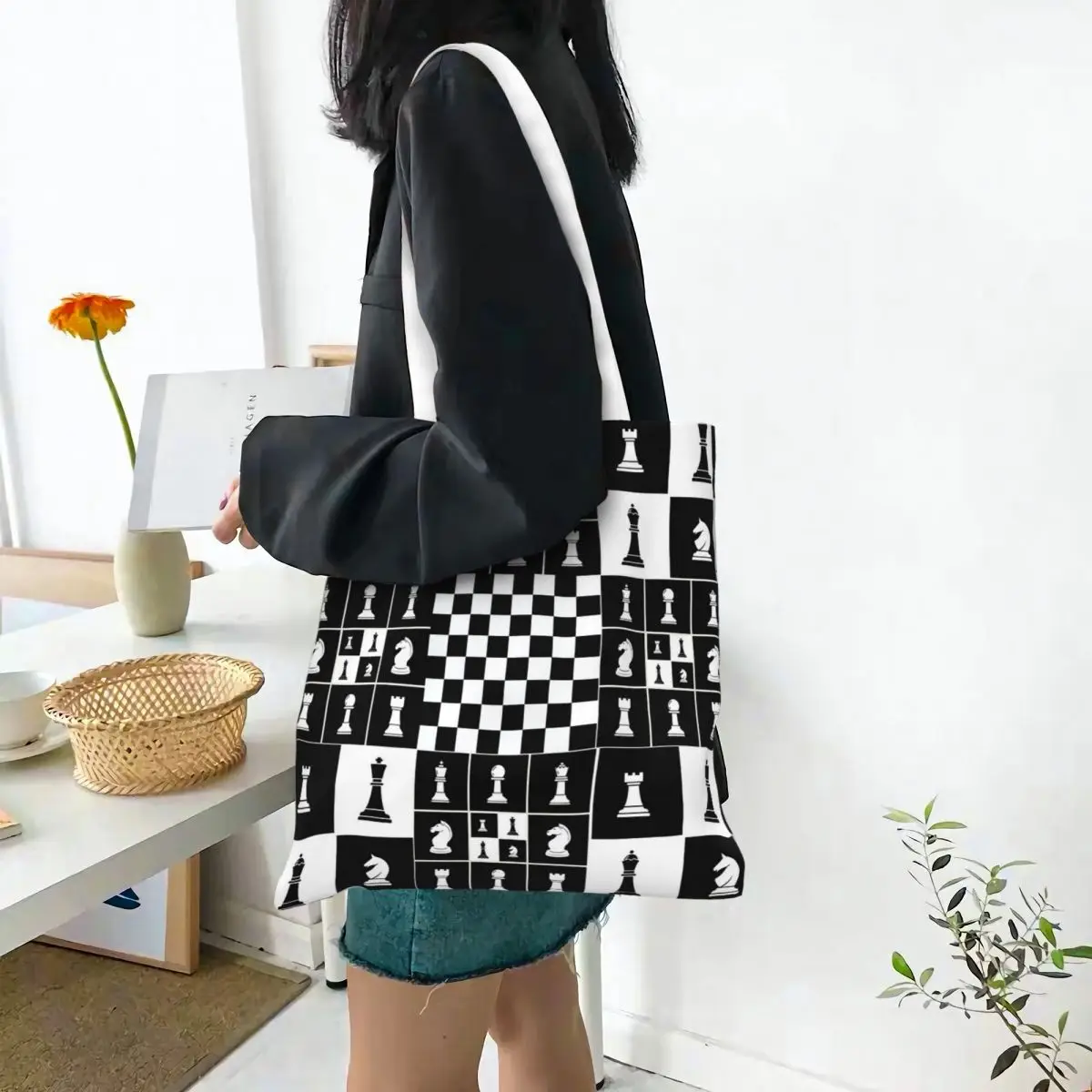 Chess Pieces On Board Chessboard  Shopping Bags Canvas The Tote Bag Reusable for Women Shoulder Tote Travel Handbag