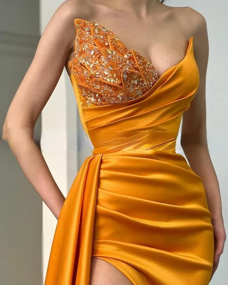 Elegant Mermaid Evening Dress Long Slim Strapless Sexy Pleated Prom Dresses Sequined Sati Evening Gowns 2023 فساتين السهرة