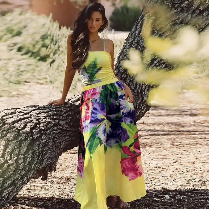 Flaxmaker-bañador y Sarong para mujer, traje de baño de una pieza con estampado Vintage, traje de baño con estampado de flores y pintura al óleo amarilla, falda