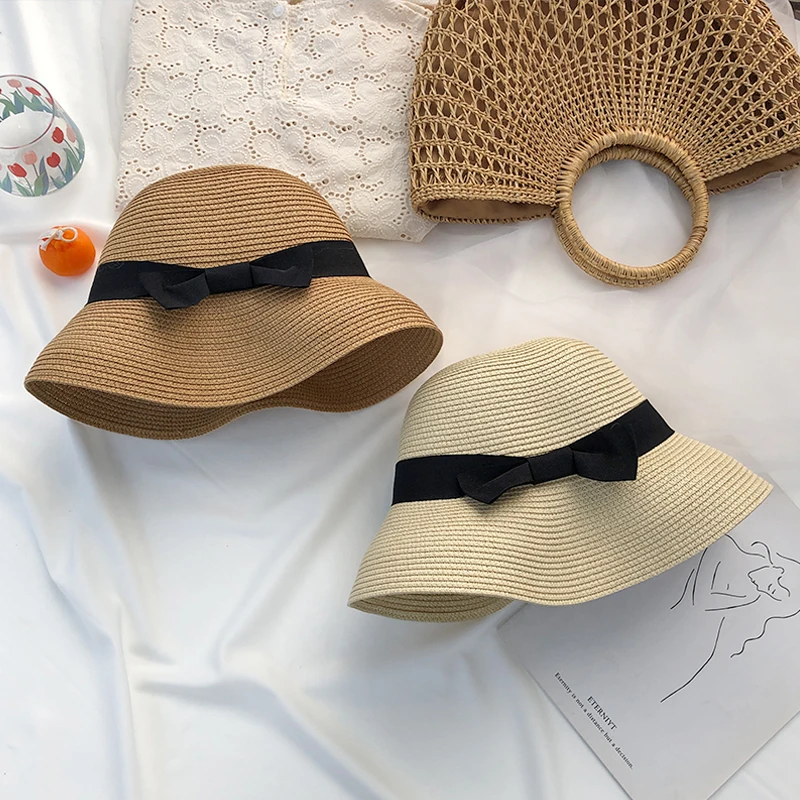 Hepburn bow ribbon sun hat women's straw hat Bucket hat color sunscreen sun hat beach hat wholesale