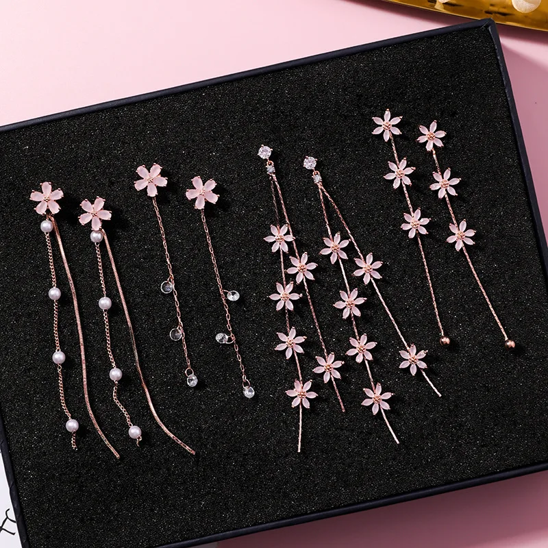Earrings Pink Crystal Cherry Blossom Petal Long Tassel Frosted Zircon Floral Dangle Lightweight Durable Elegant for Women
