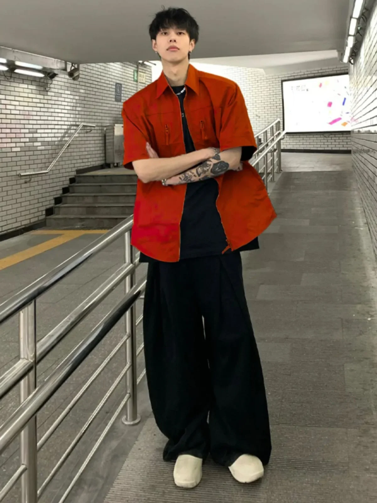 

Red Wine Color Zipper Short Sleeve Men's Shirt Shoulder Pad Thin Spring Fashion Brand Design Sense Spring Youth Standard Fit