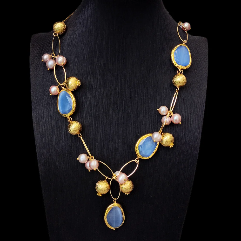 KKGEM 8-9mm purple pearl Blue Cat Eye chunk gold plated chain Statement Necklace