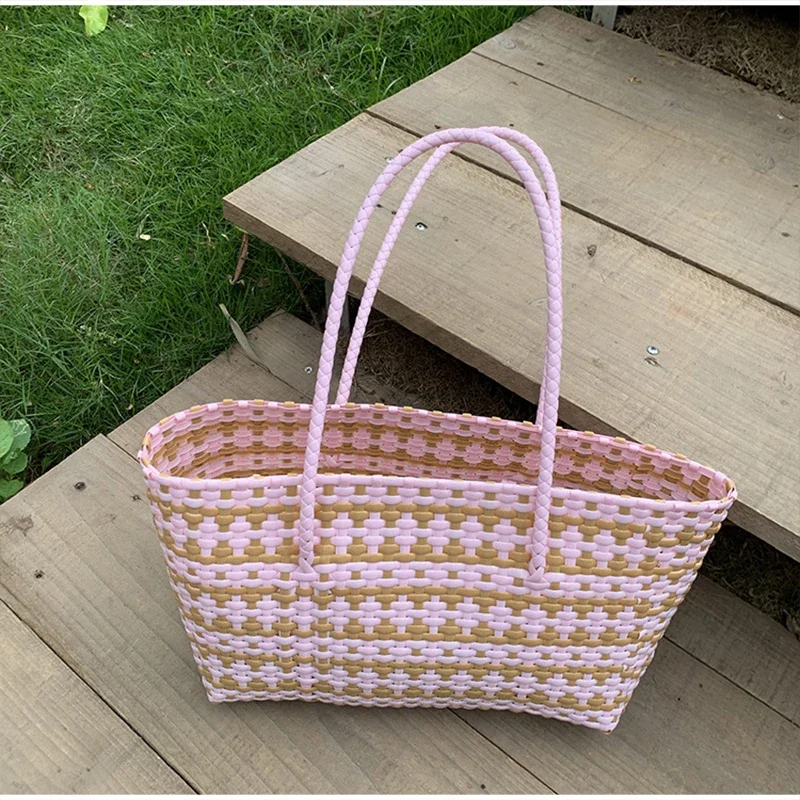Handgefertigte Colorblock-Webtasche, Damen-Sommer-Tragetasche, Sommer-Einkaufstasche für Strandurlaub, Picknick, Haustiertransport – Detail 32