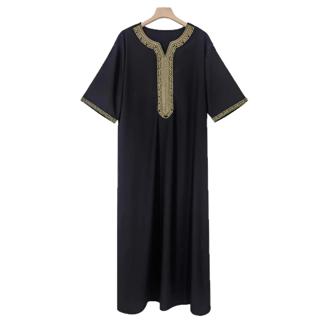 2025 Muslim Robe Short Sleeve Embroidered Robe Moroccan Men's Robe with Side Pockets Abaya Ramadan Dubai Luxury Islam Elegant