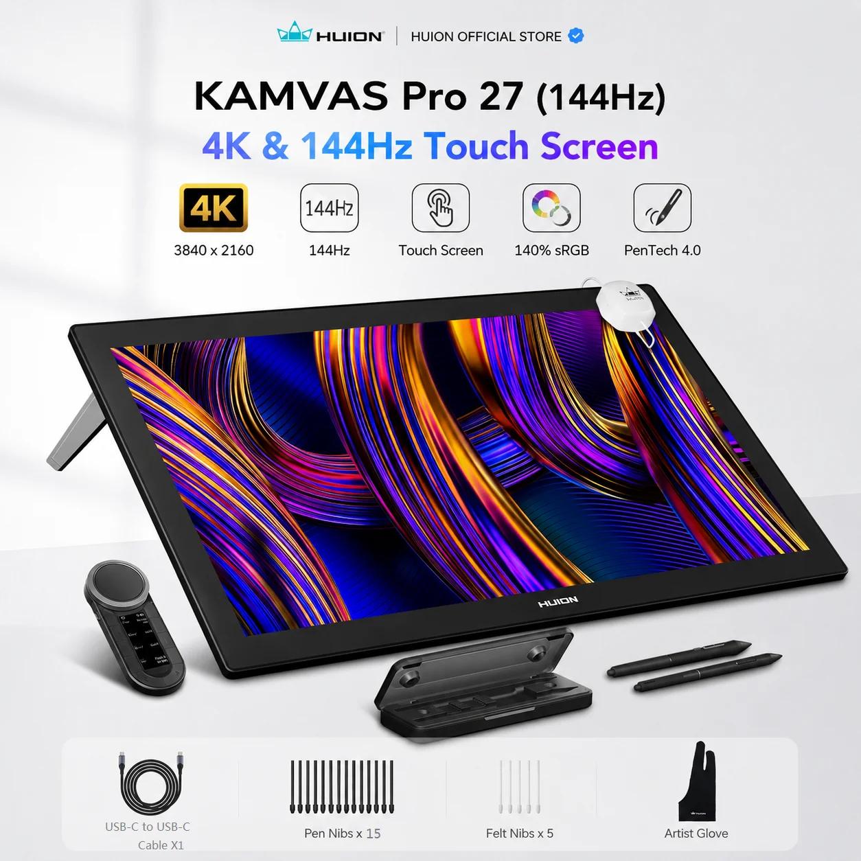 HUION KAMVAS Pro 27 (144Hz) 4K UHD Drawing Tablet with Screen, PenTech 4.0 Stylus 16384 Pen Pressure  with Keydial Remote