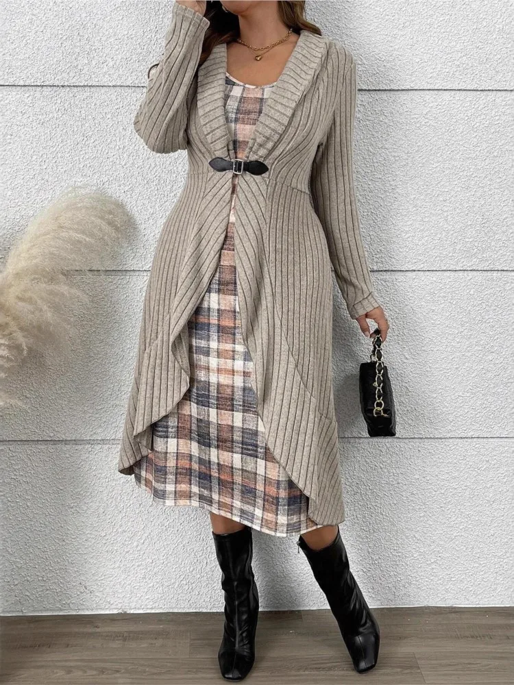 

Woman's Fashion Knitted Cardigan Dress Checkered Print Sleeveless Sling Midi Skirt Ladies Autumn Winter Comfort Loose Vestidos