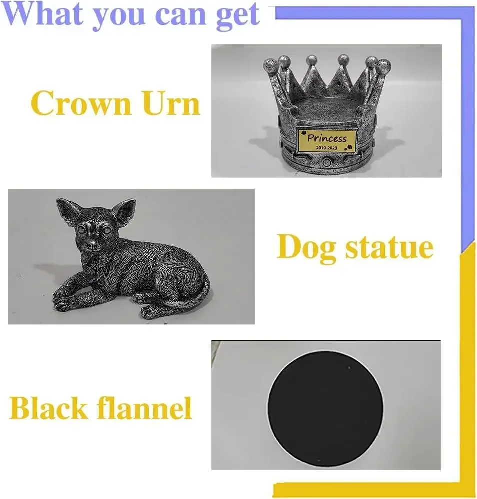 Crown-Shaped Chihuahua Memorial Pet Urns for Dogs Ashes Personalized with Name and Date, Chihuahua Statue Indoor Decorative