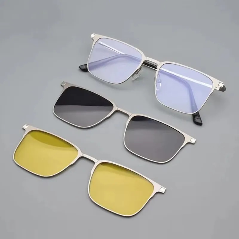 Polarized Magnetic Sleeve Mirror Men Myopia Magnet Sunglasses Adsorption Clip On Glasses Blue Frames Silver Spectacles 3-in-1