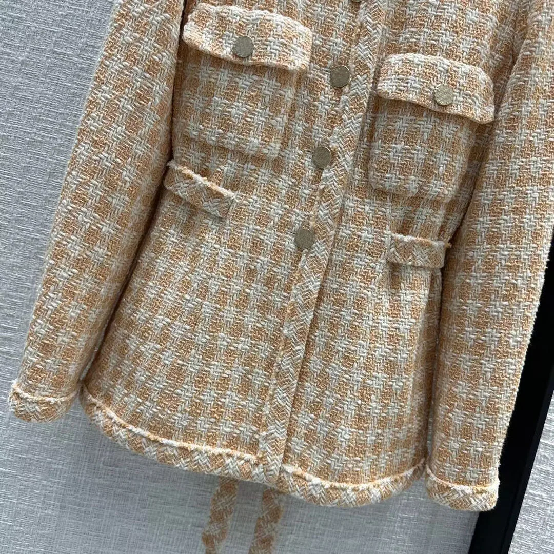 Fashion Runway Design Orange Gingham Plaid Tweed Jacket Sweet O-neck Long Sleeve Single Breasted Slim Belt Silk Liner Retro Coat