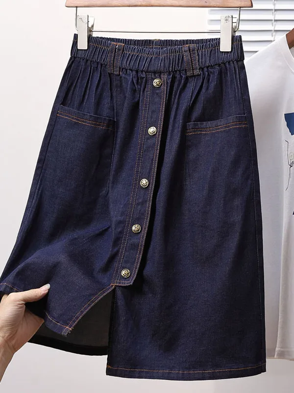 

Летняя джинсовая юбка больших размеров с разрезом, на эластичной талии, повседневная, средней длины, А-силуэта, для женщин 20-х лет