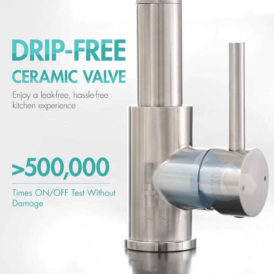 ก๊อกน้ำอ่างล้างจานแบบร่วมสมัย ก๊อกน้ำสแตนเลสแบบมือจับเดี่ยว พร้อมหัวฉีดแบบดึงลง สีนิกเกิลขัดเงา