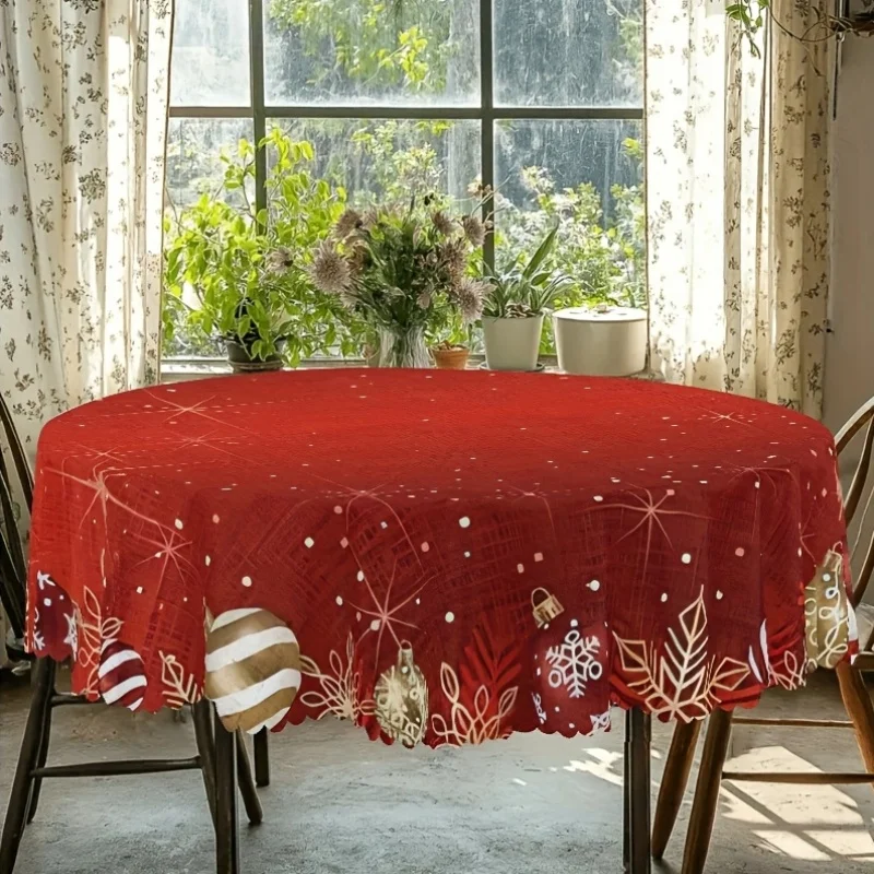 2D flat print, Christmas-themed lace round tablecloth with bells and spherical pattern, perfect for decorating Christmas