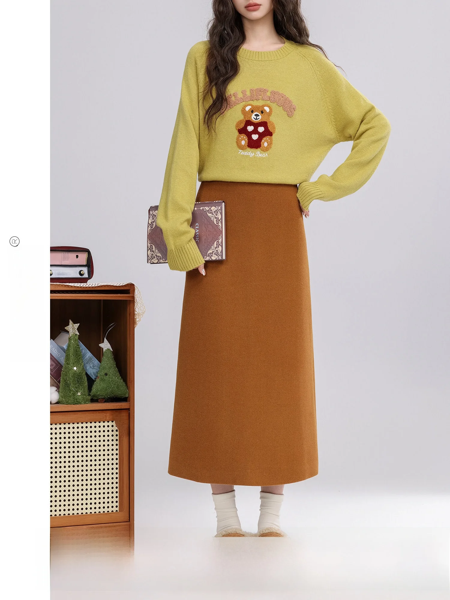 

Теплая юбка для беседок у чая: ретро-модель прямого кроя цвета тыквы для женщин, новая зимняя коллекция, универсальная длинная юбка с высокой талией А-силуэта