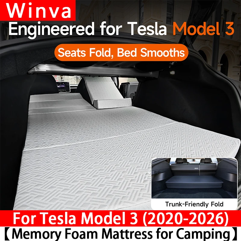 Foldable Memory Foam Car Mattress for Model 3 2020-2026 & Highland, Camping Bed Pad Mattress Topper for Car Sleeping Accessories