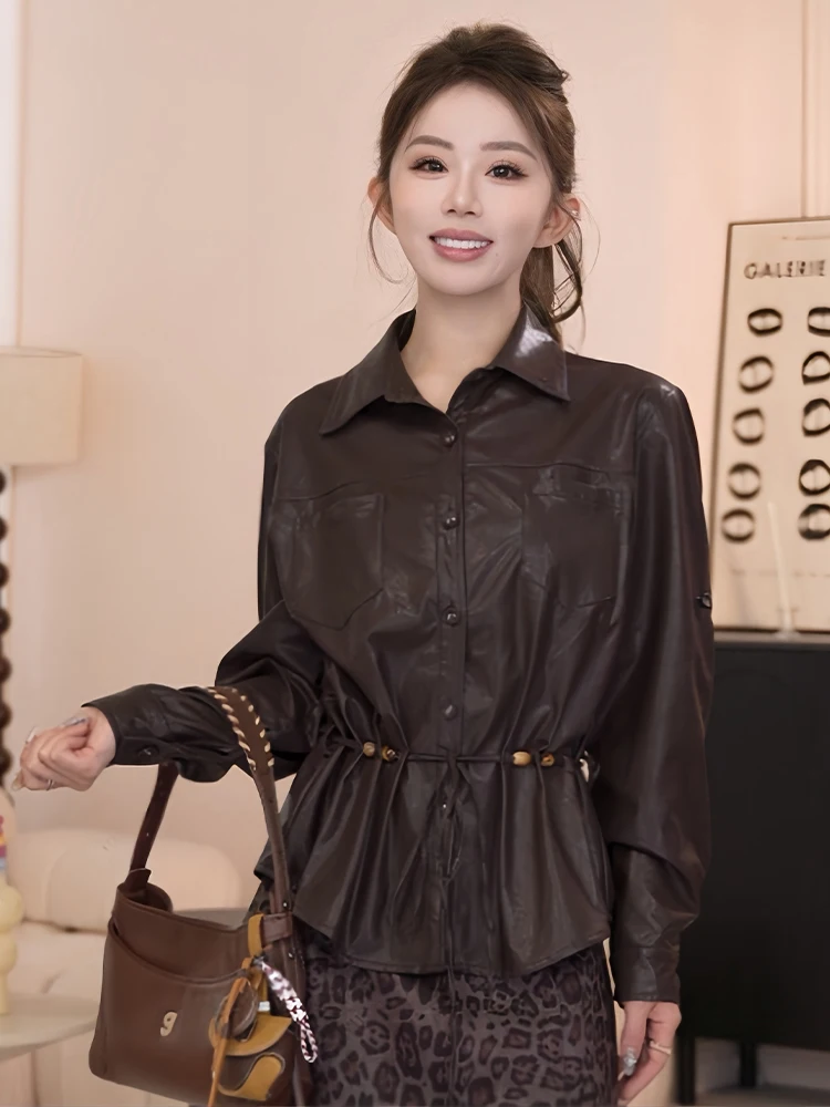 Ele Retro Revers Leer Jaet Dames Top Faionable Veelzijdig Vroege Herfst Nieuwe Sle Koreaanse Sle Pendelen Sle Loose Fit