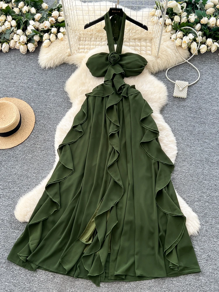 Spódnica damska Vaion Sle Hollow out Neline Long Dr, wiosenno-letnia, trapezowa, z wysokim stanem, z włókna poliestrowego, wyszczuplająca, z dekoltem w serek.