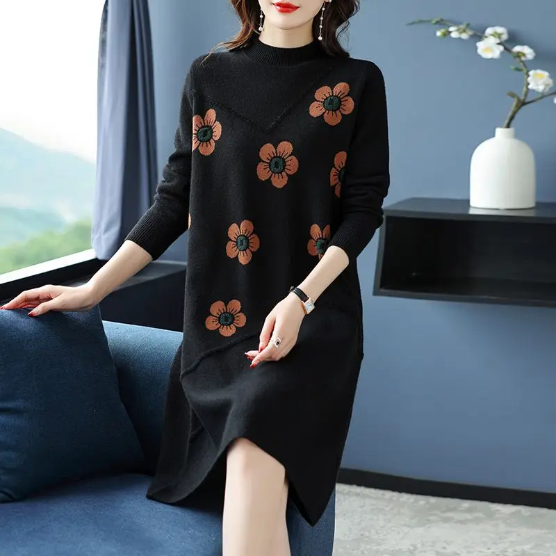 

Autumn Winter Knitted Printing Midi Dress Women Chic Long Sleeve Casual Dress 2023 Korean Vintage Sweater Party Dress R84