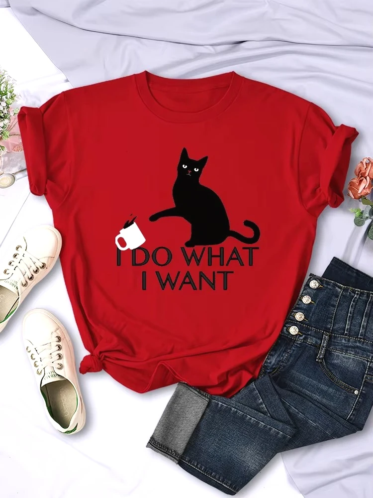 تي شيرت نسائي على شكل قطة سوداء أفعل ما أريده تي شيرت نسائي أنيق إبداعي بأكمام قصيرة عتيق ملابس نسائية غير رسمية قابلة للتنفس
