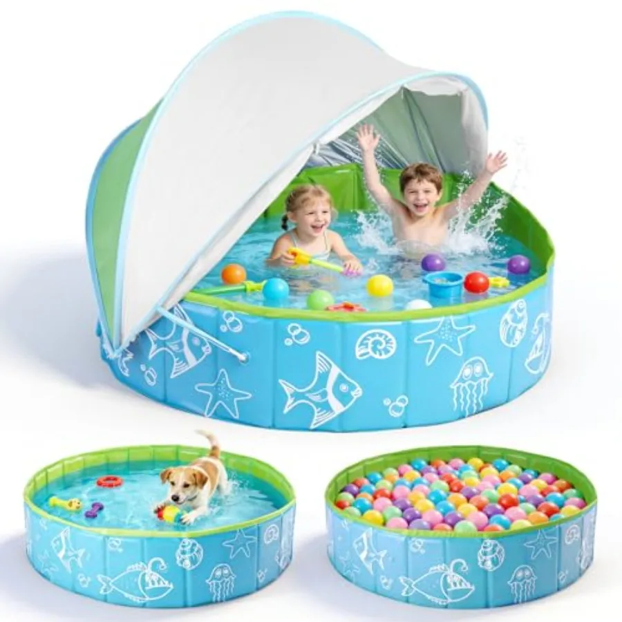 Foldable baby pool for backyard beach park use, hard plastic material, blue and green color, includes canopy for sun protection