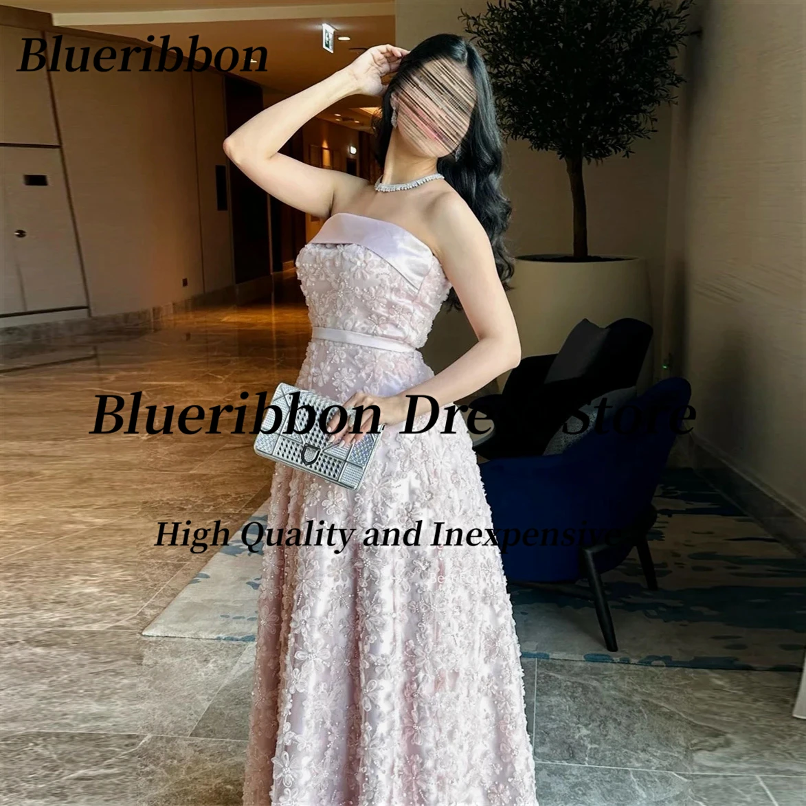 Blueribbon Handmade Beaded Flowers Luxury Prom Dresses Strapless Sexy Back فستان حفلات الزفاف A Line Birthday Party Bride Gowns