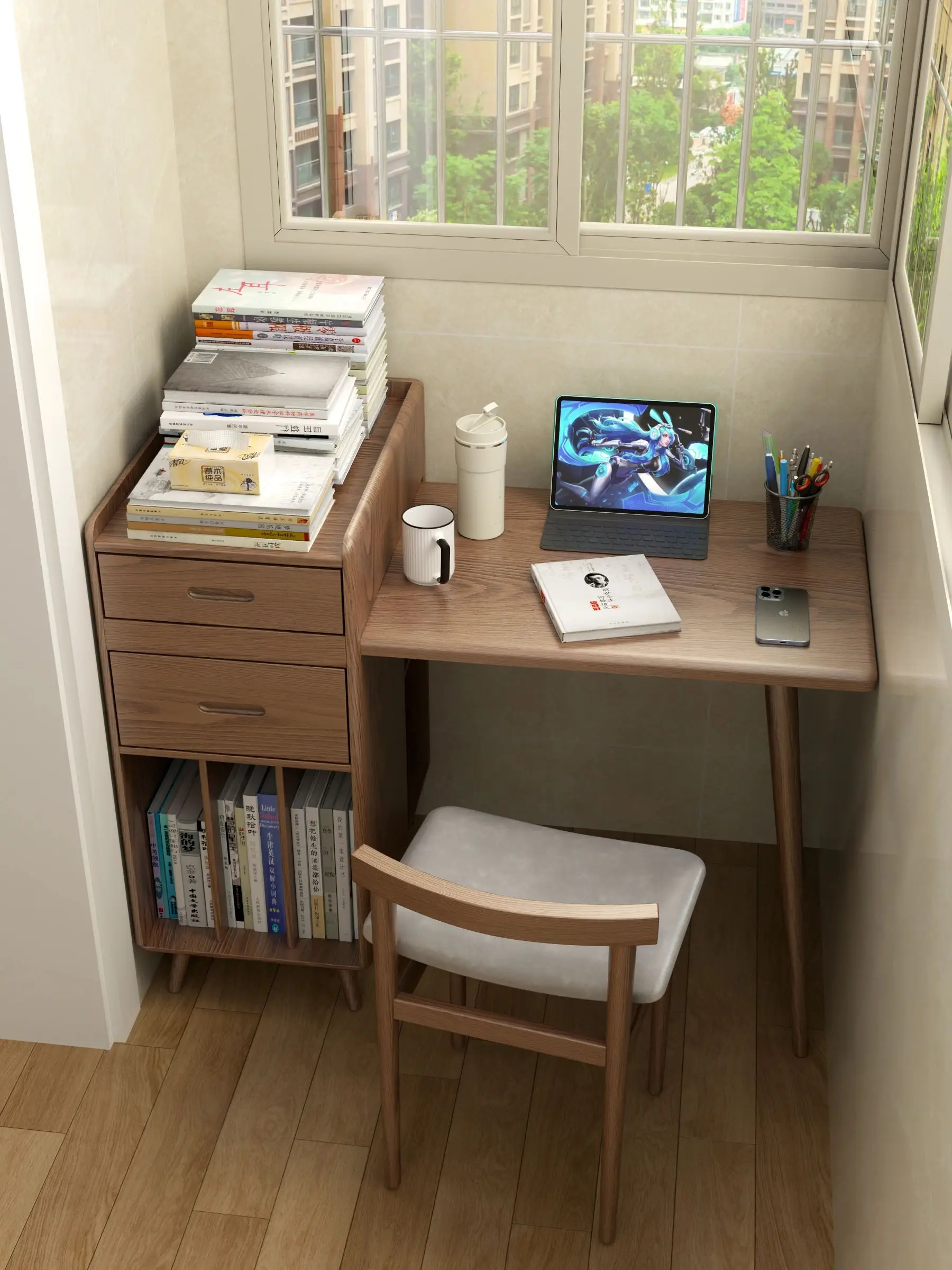 Solid wood retractable folding student study table for home bedroom or apartment