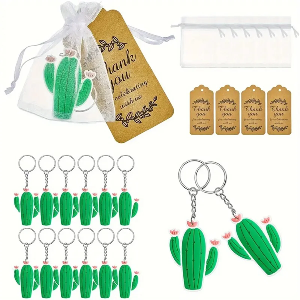 Cute Cactus Keychains Cactus Party Decorations with Thank Kraft Tags and White Organza Bags Baby Shower Decorations