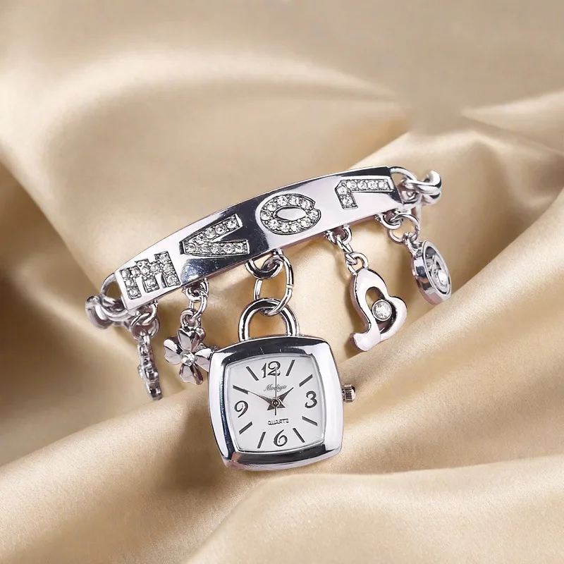 ساعات نسائية فضية عتيقة مع حروف حجر الراين مطعمة سلسلة سوار زهرة قلادة ساعة معصم هدية للسيدات