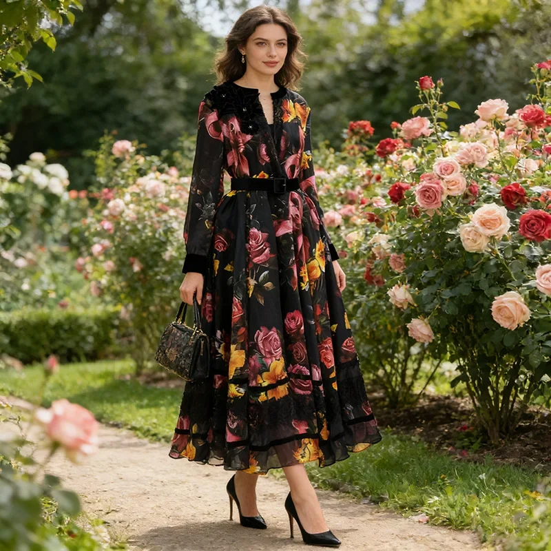 

Women’s Floral Printed Ruffles Long Sleeve Wrap V-neck A-line Dress Belted Waist Lantern Sleeve 2026 Spring Summer New Style