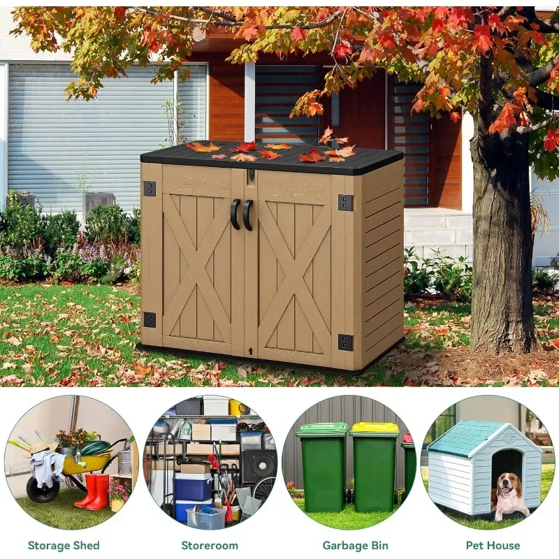 Outdoor Horizontal Storage Shed with X-Shaped Lockable Door, 35 Cu Ft Weather Resistant Resin Tool Shed w/o Shelf