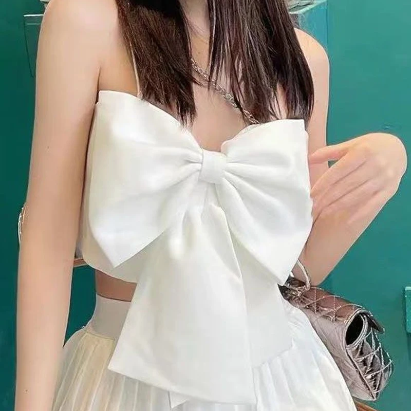 Summer New Solid Color Sleeveless Bow Sexy Sling Women American Style High Street Fashion Y2K Street Nightclub Ventilate Tops