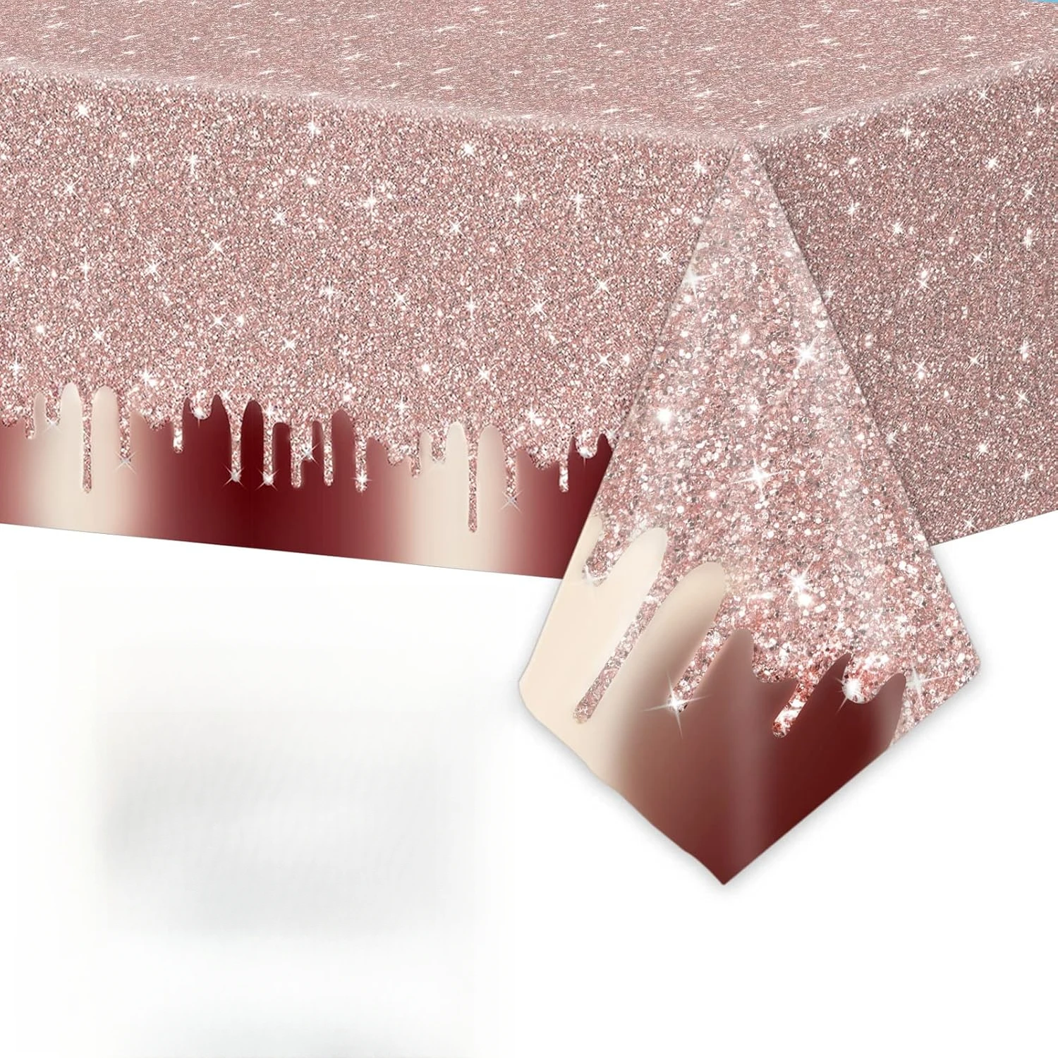 Rose Gold Sequin Tablecloth Pink Glitter Waterproof Birthday Party Decor for Girls Women, Wedding Graduation Anniversary