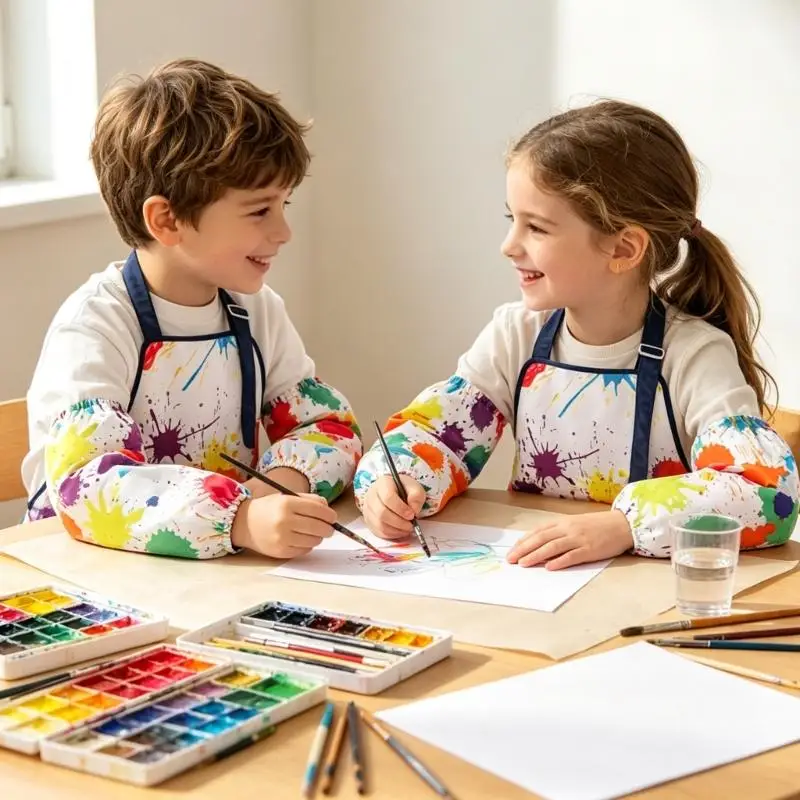 Kids Drawing Smock Set with Long Sleeve Coverage, Apron and Sleeve Covers, Easy-Clean Finish for Craft Periods